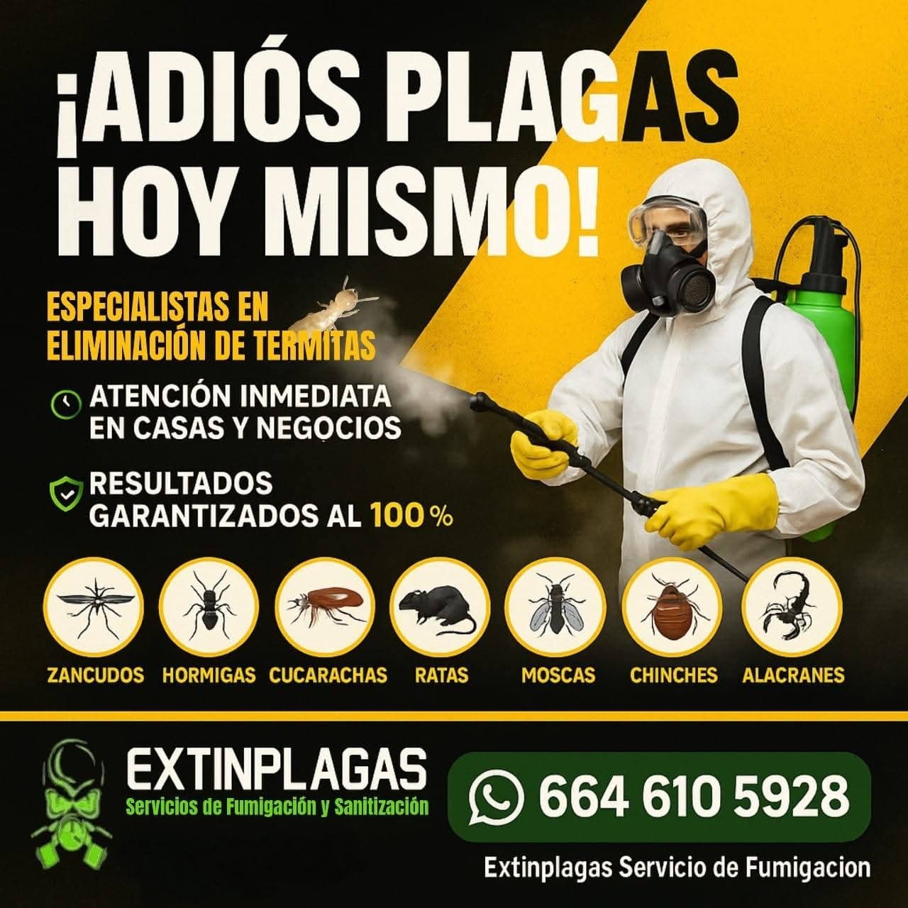 Publicidad de Extin Plagas Fumigaciones en colores amarillo y negro